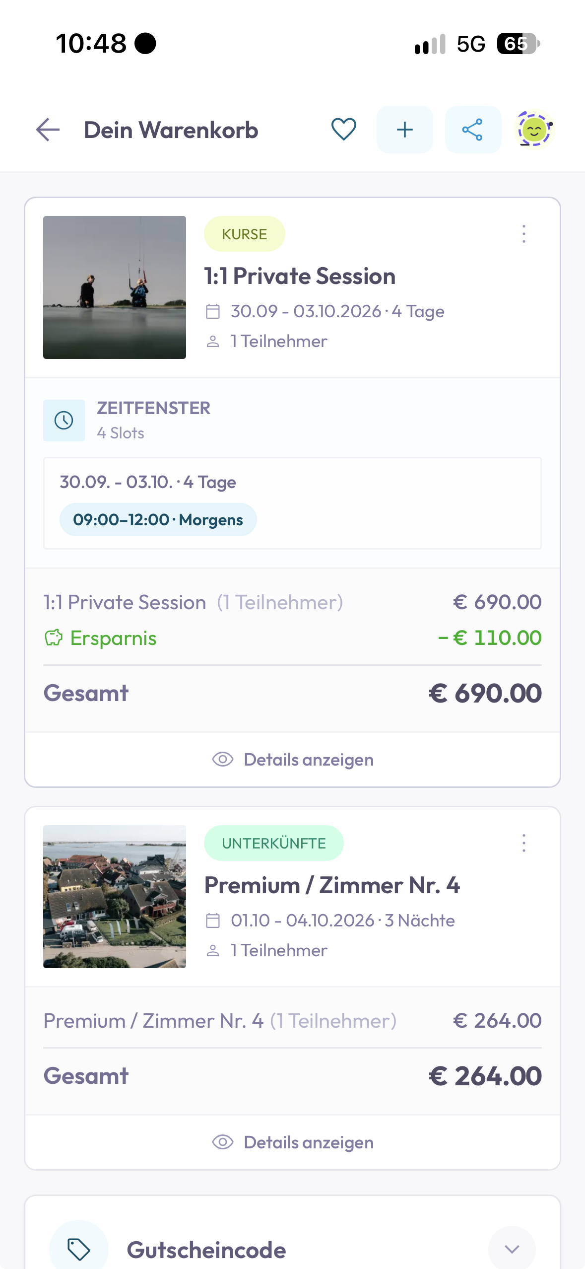 Mobiler Warenkorb mit einem viertägigen Privatkurs und einer separaten Unterkunft für drei Nächte.