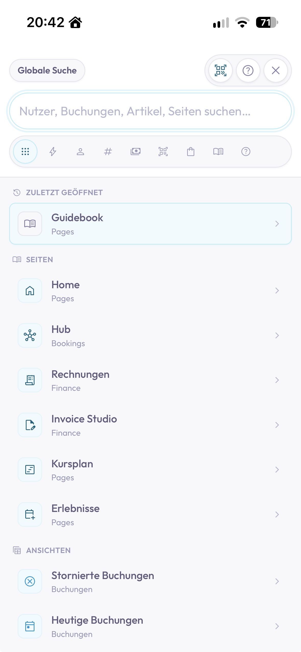 Mobile Global Search: Suchfeld, Scanner-Einstieg, zuletzt geöffnete Seiten und gespeicherte Ansichten an einem Ort. Hier ist noch kein Suchbegriff eingegeben.