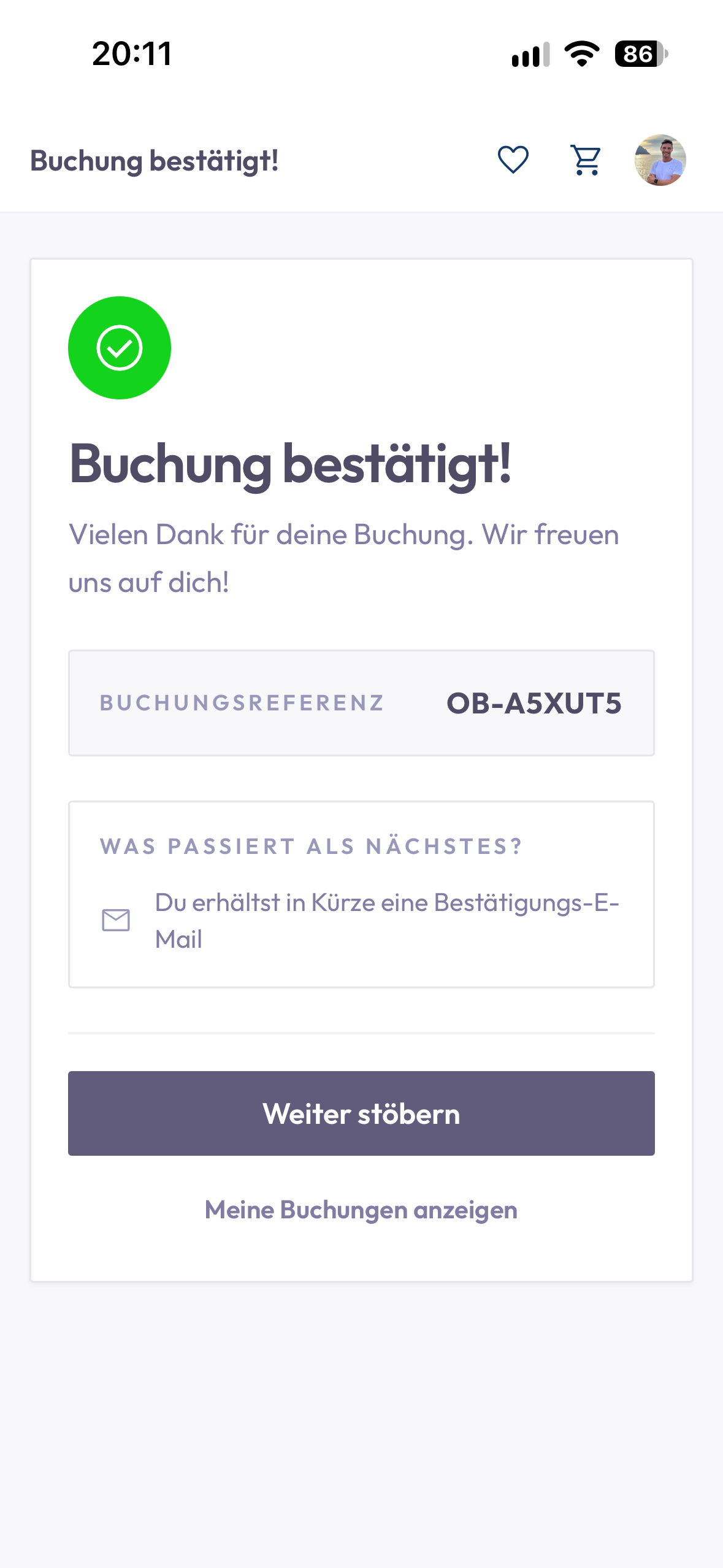 The confirmation shows a booking reference, announces the confirmation email and links to the customer’s bookings.