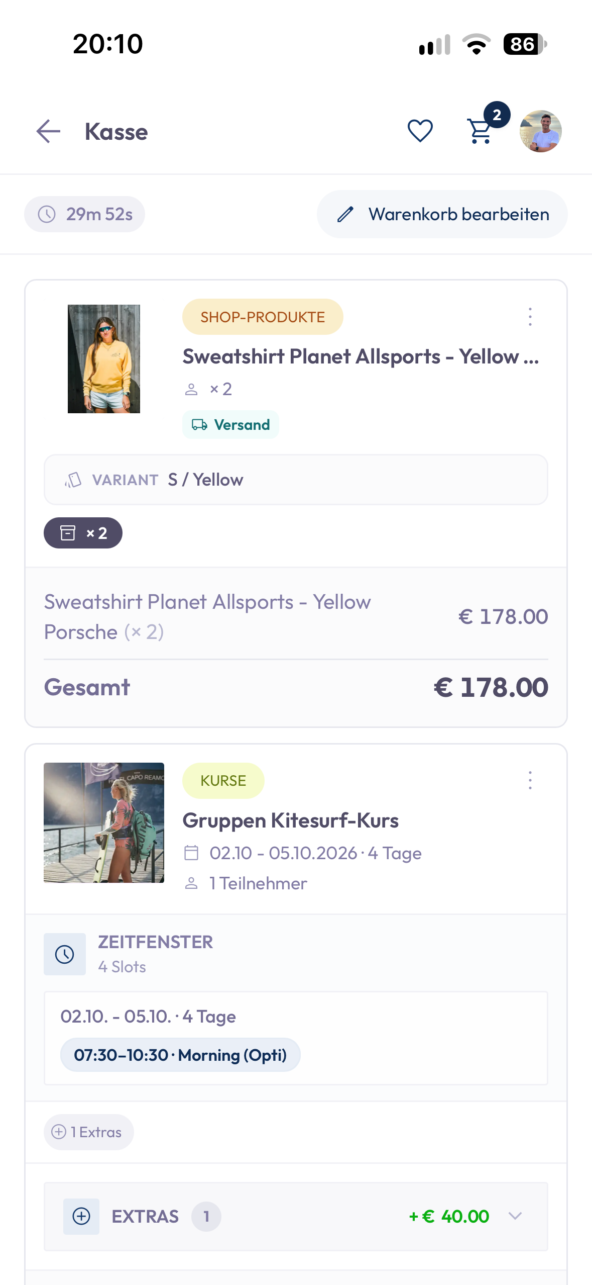 Two yellow school sweatshirts and a group kitesurfing course as separate items in the same checkout