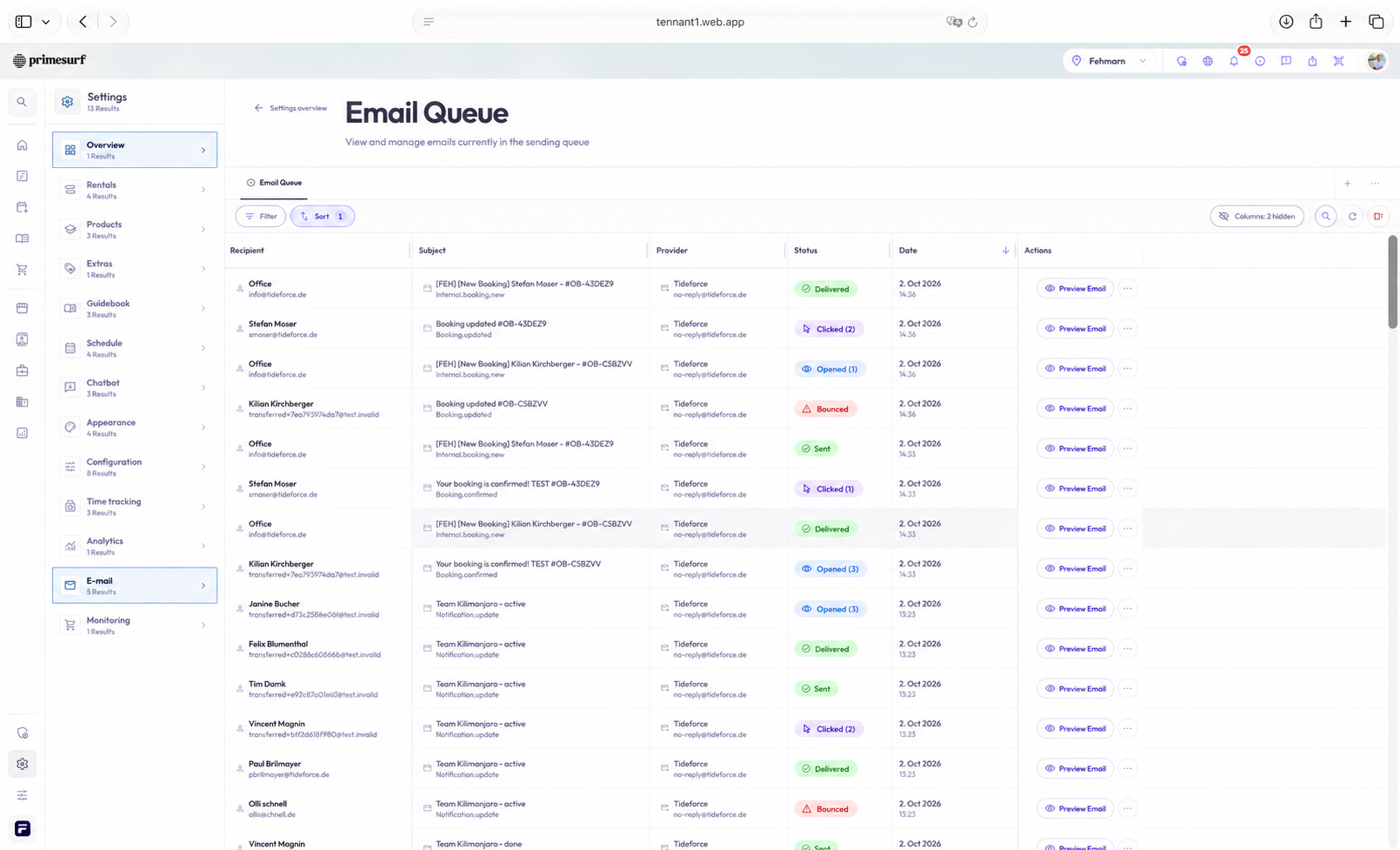 E-Mail Queue mit versendeten und zugestellten Nachrichten, erfassten Öffnungen und Klicks samt Zählern sowie gebouncten E-Mails.