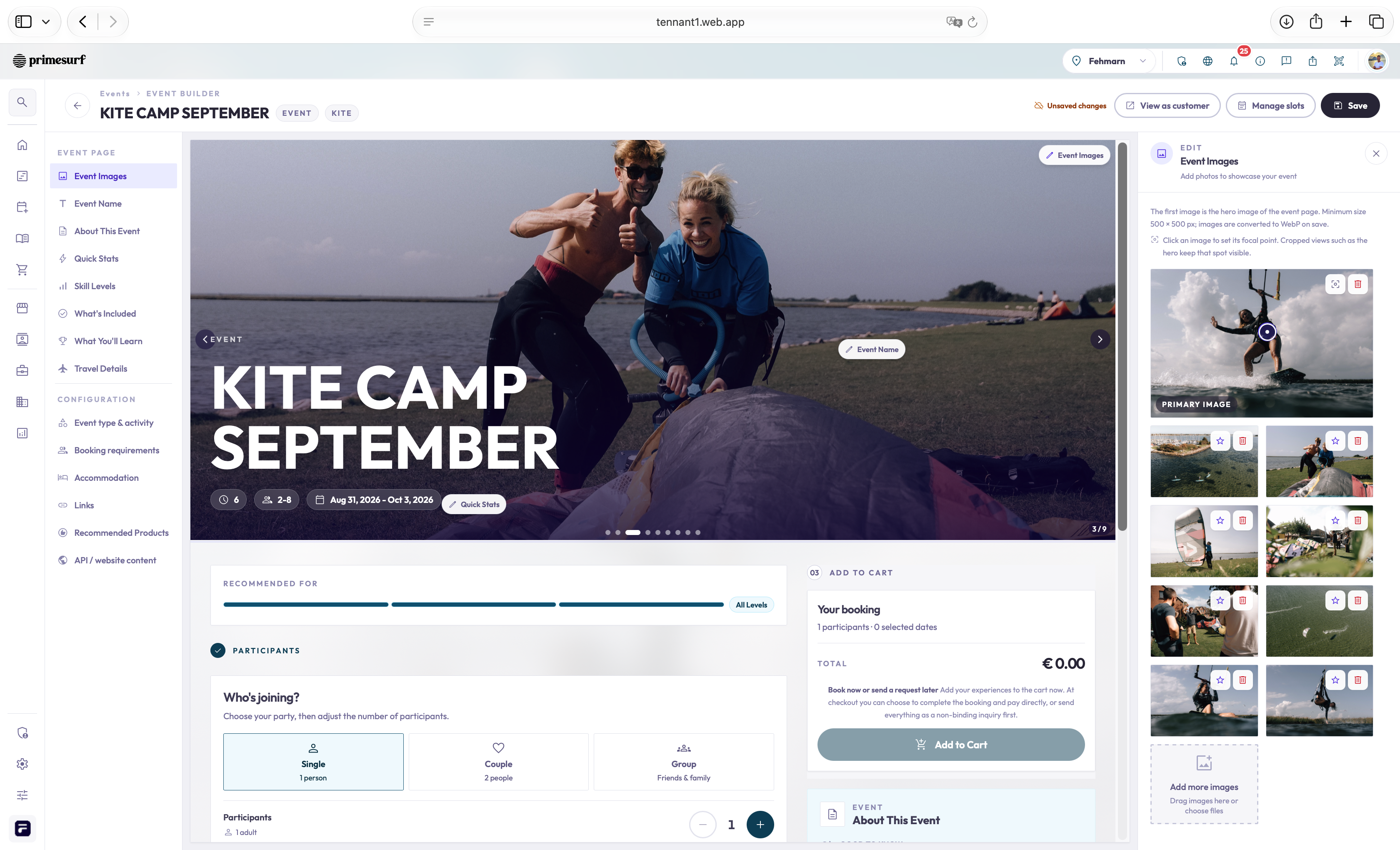 Event Builder mit Bildverwaltung, Inhaltsnavigation und direkter Vorschau der Event-Seite für Gäste.