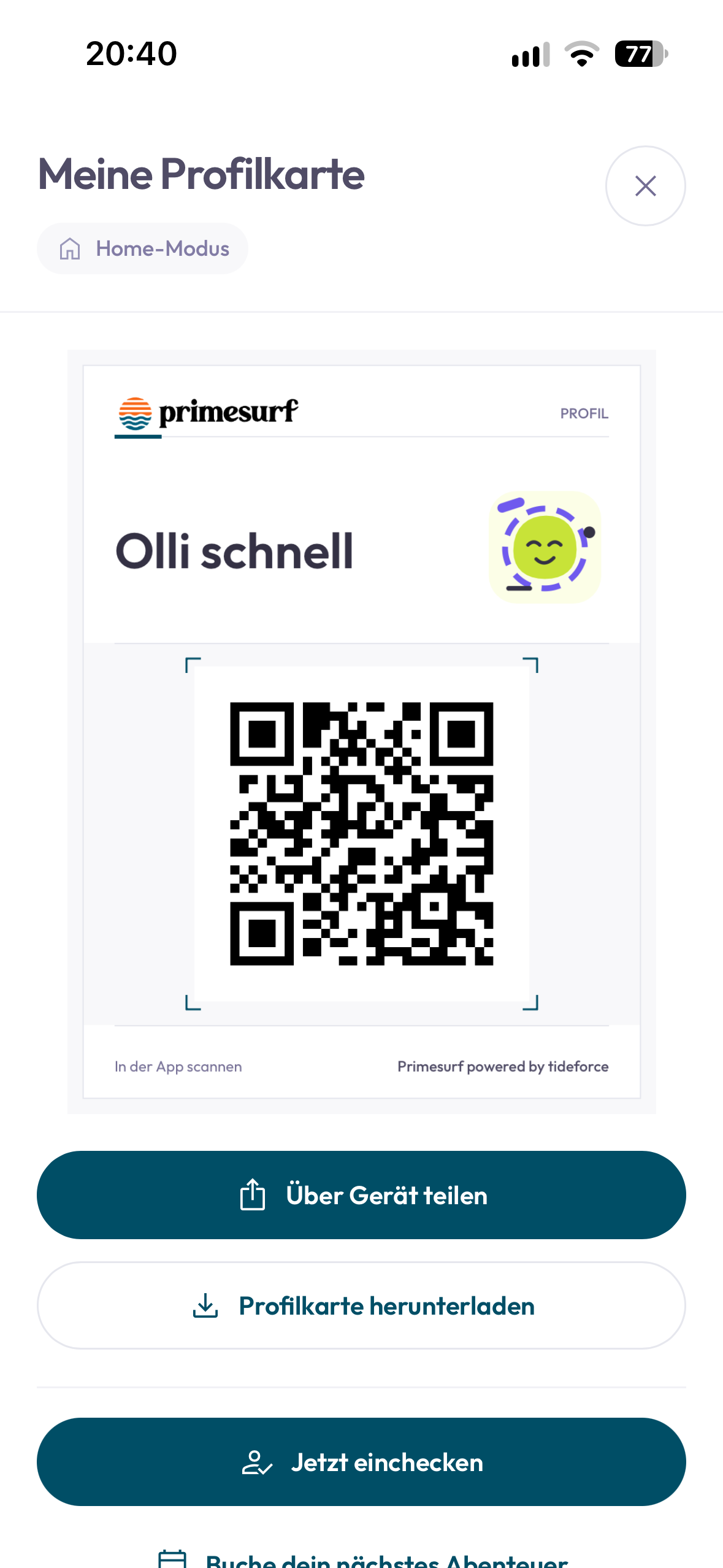The personal profile card brings the school brand, name and QR code together, with actions to share, download and check in.