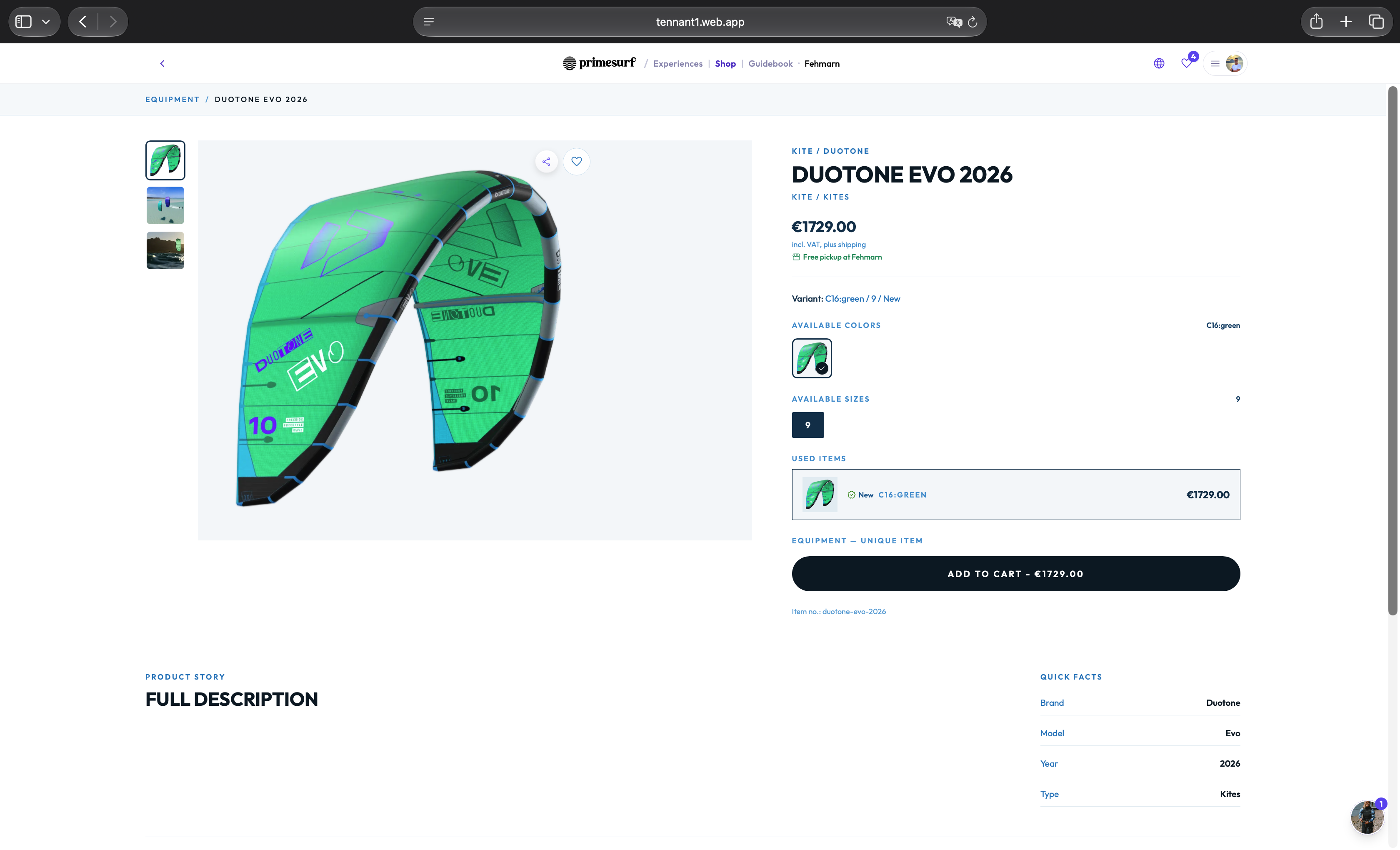 Derselbe Duotone Evo 2026 im Schulshop: ausgewählte grüne Variante in Größe 9, angegebener Zustand „New“, Preis und Warenkorb-Button.