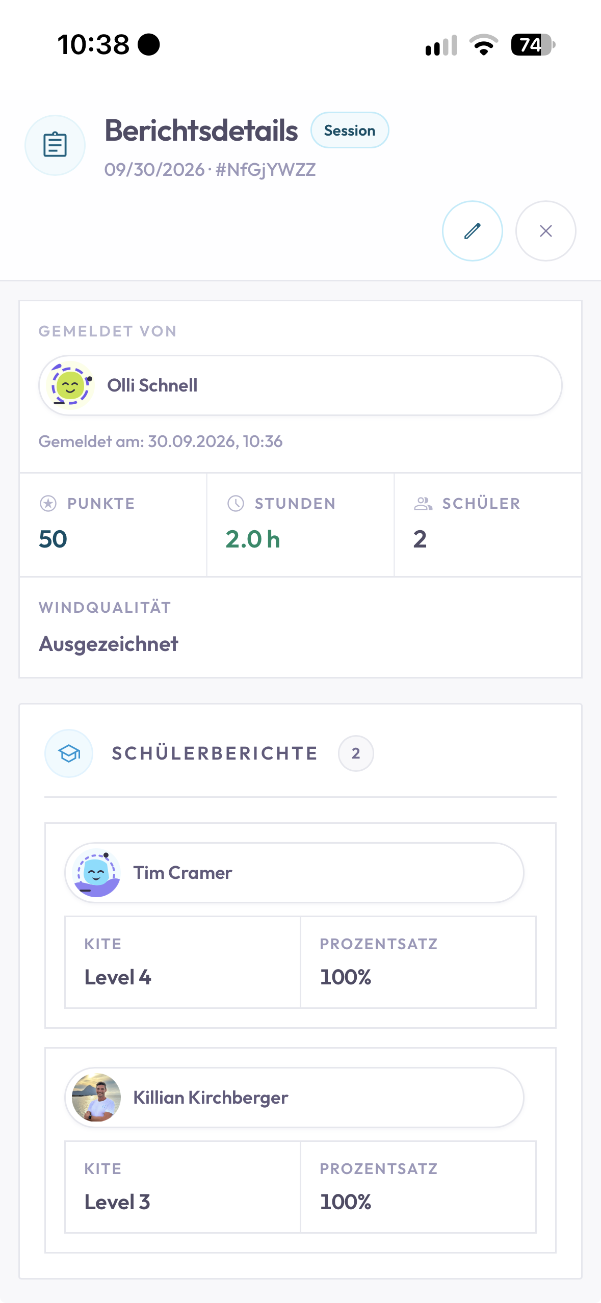 Session-Report mit 2,0 Stunden, zwei Teilnehmern, erfasster Windqualität und einzelnen Schülerberichten.