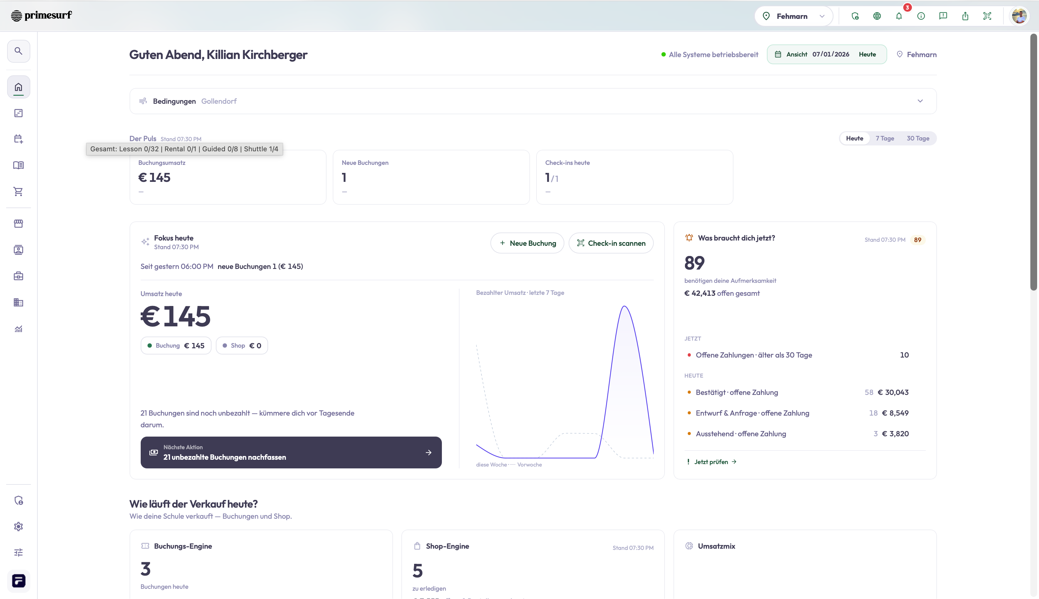 TIDEFORCE dashboard — bookings, insights and school rating
