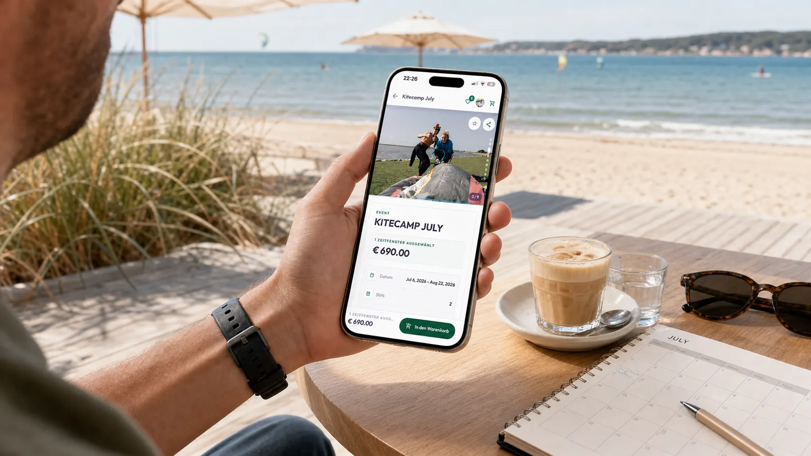 Kunde legt ein Kitecamp in einem mobilen TIDEFORCE-Storefront in den Warenkorb