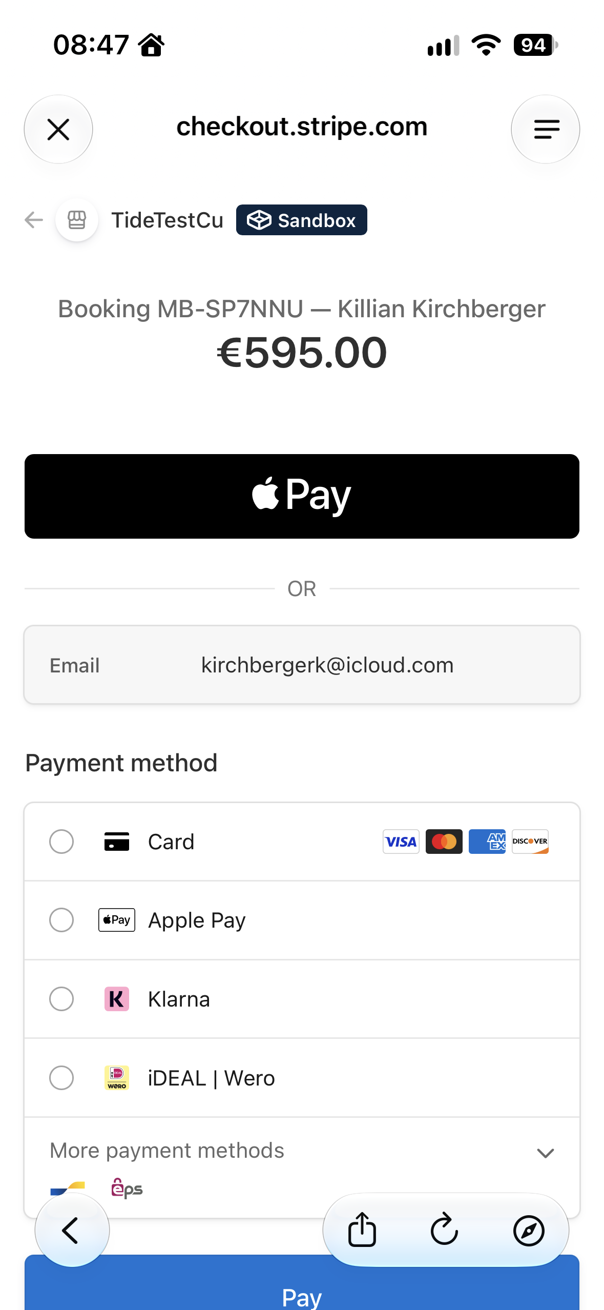 Stripe Checkout einer TIDEFORCE-Buchung mit Karten, Apple Pay, Klarna und iDEAL | Wero