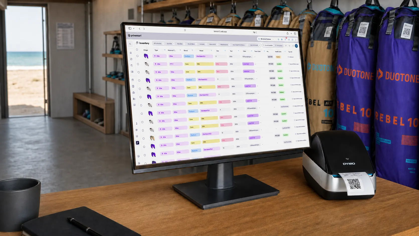 TIDEFORCE Inventaransicht auf einem Monitor neben einem Etikettendrucker in einer Wassersportschule