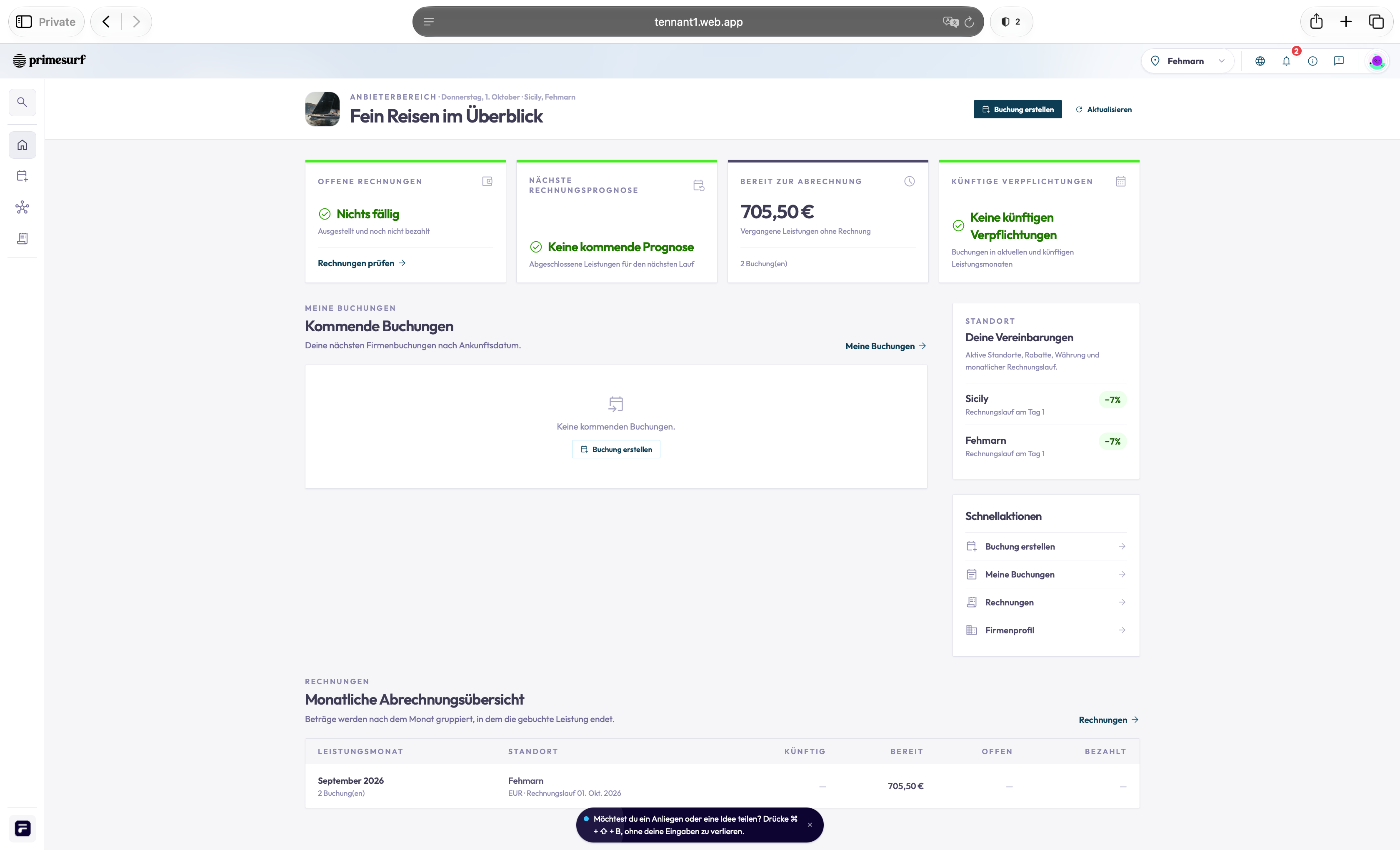 Fine Reisen’s overview: two bookings totalling €705.50 ready for billing, with a breakdown by service month and location.