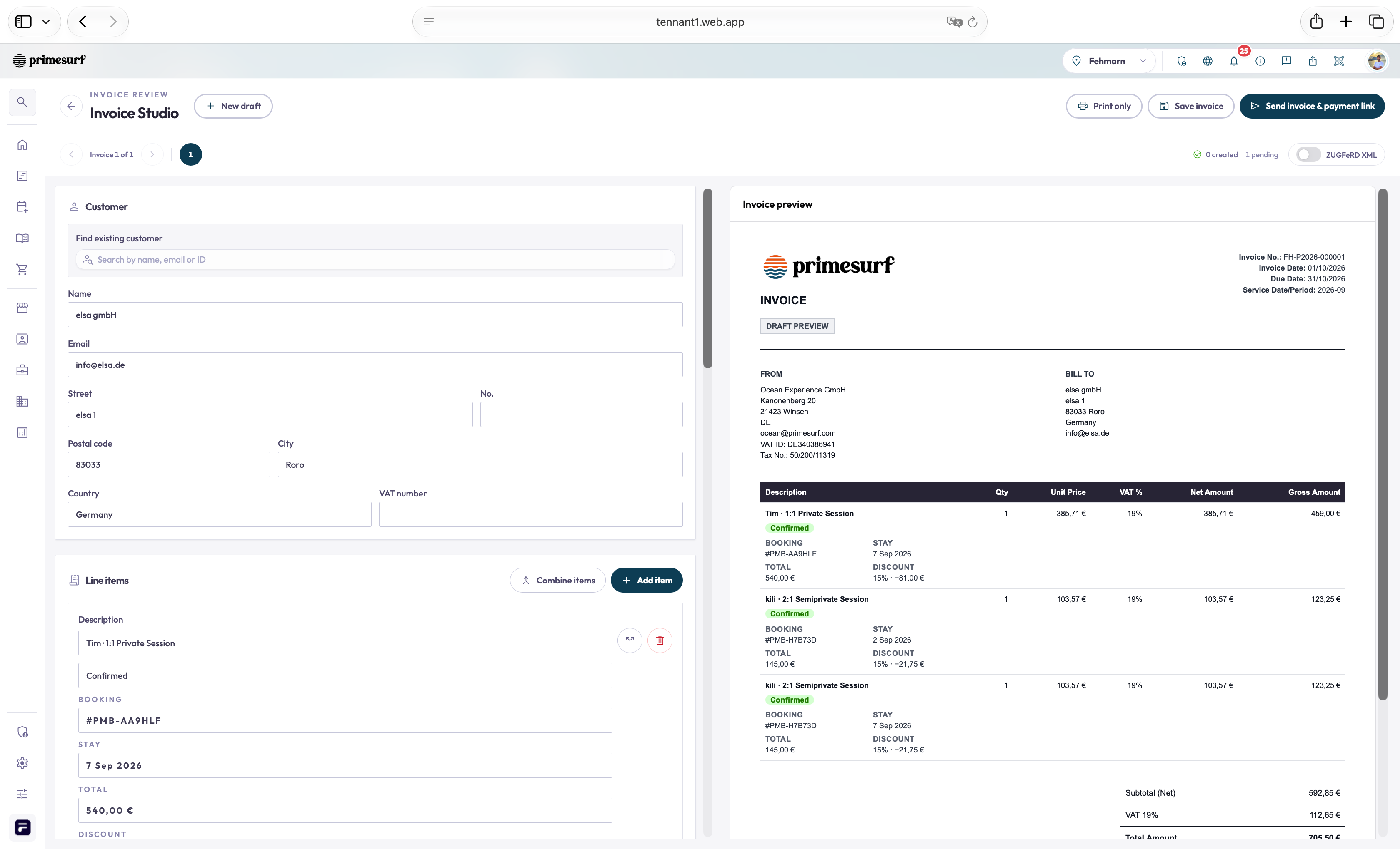 Invoice Studio draft for Fine Reisen GmbH: two bookings, three line items, 15% discount and a total of €705.50.