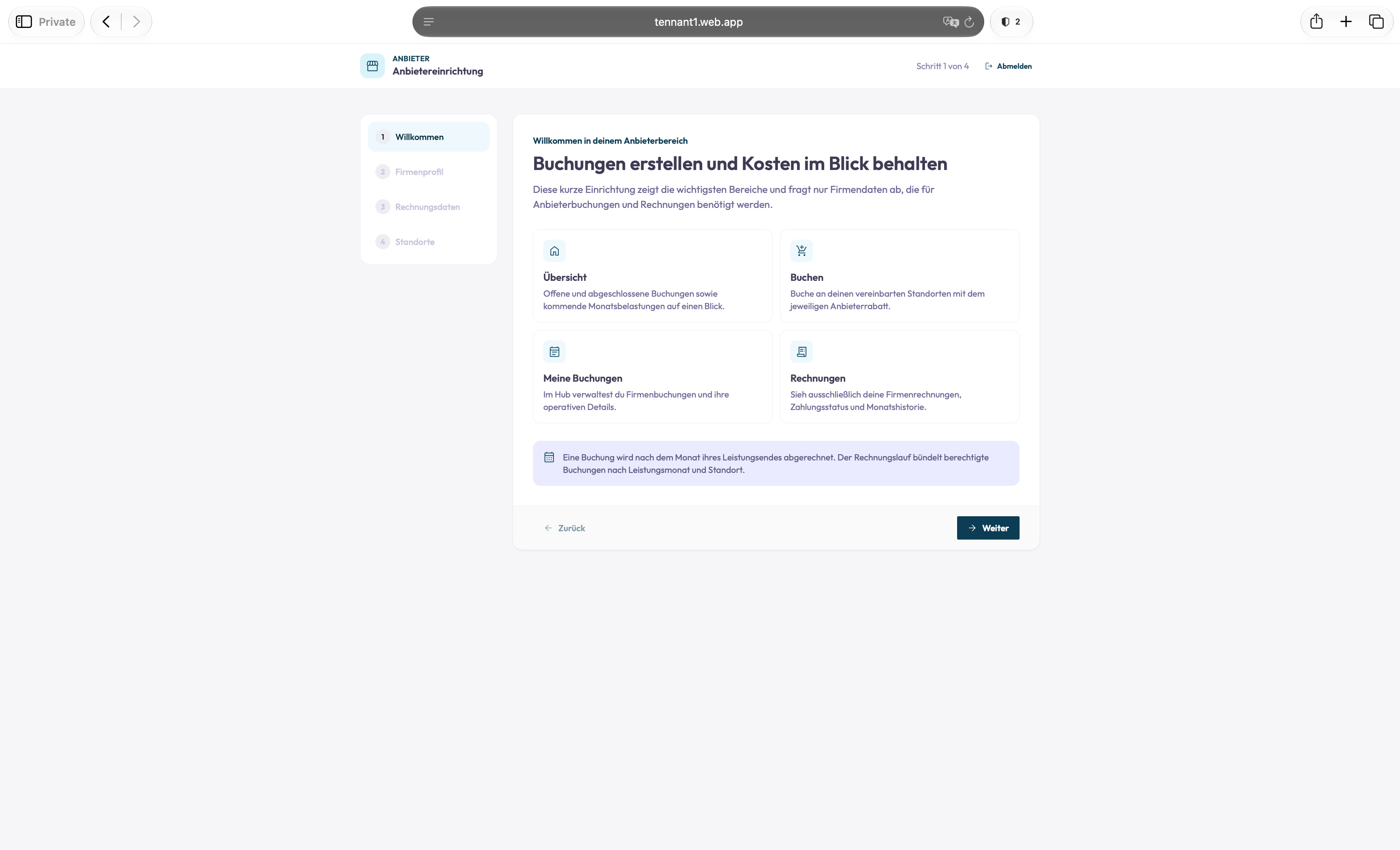 The first sign-in starts a four-step setup: welcome, company profile, billing details and locations.