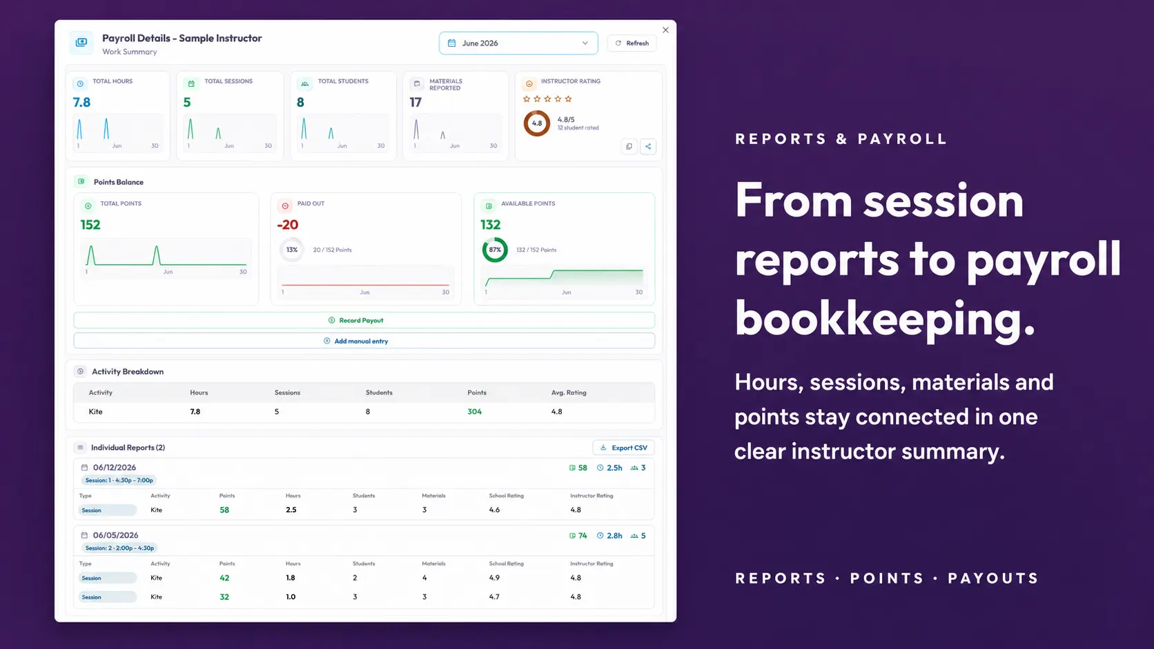 Reports and payroll workflow at an outdoor sports school