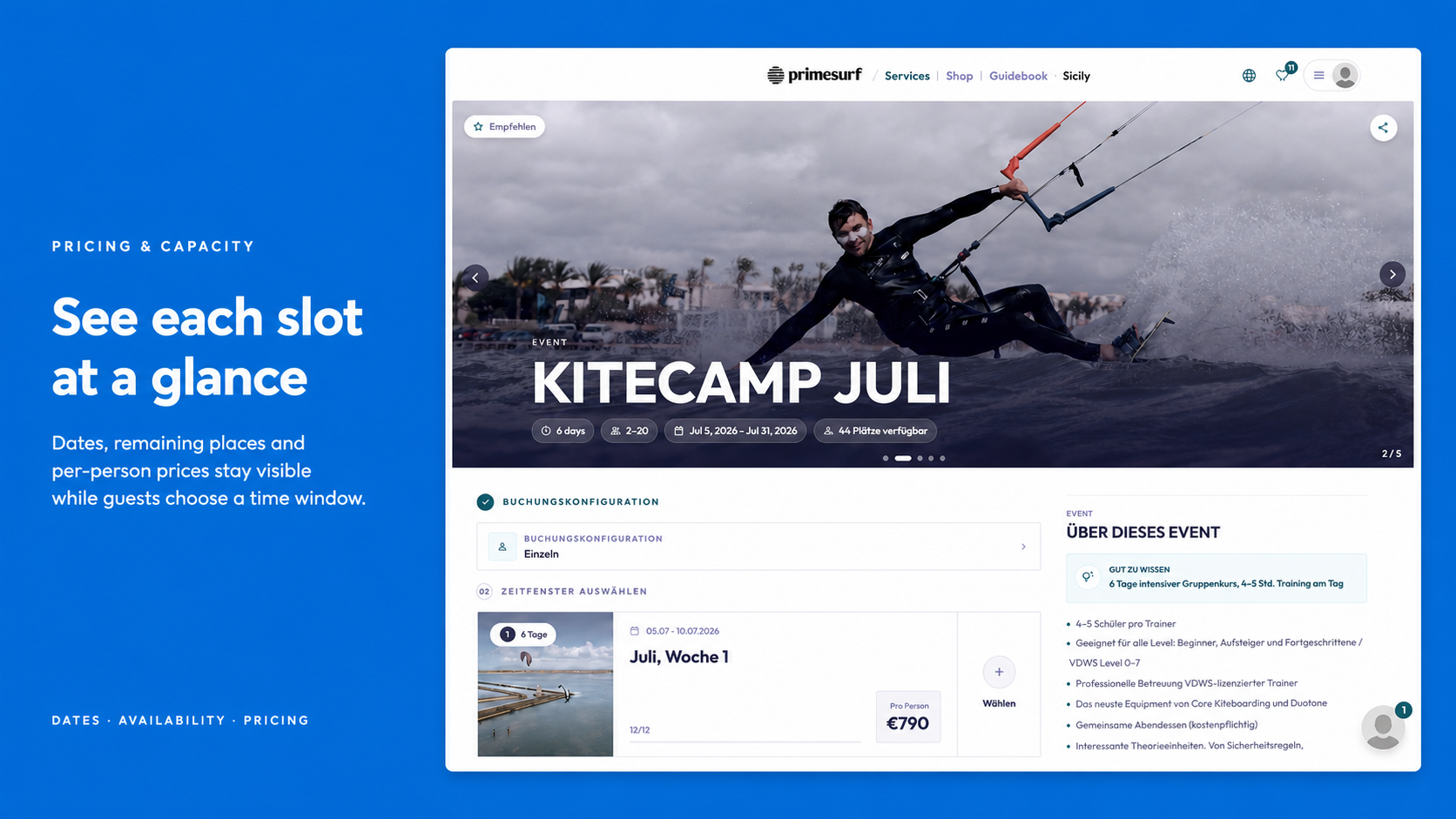 TIDEFORCE storefront event page with live dates, places and prices